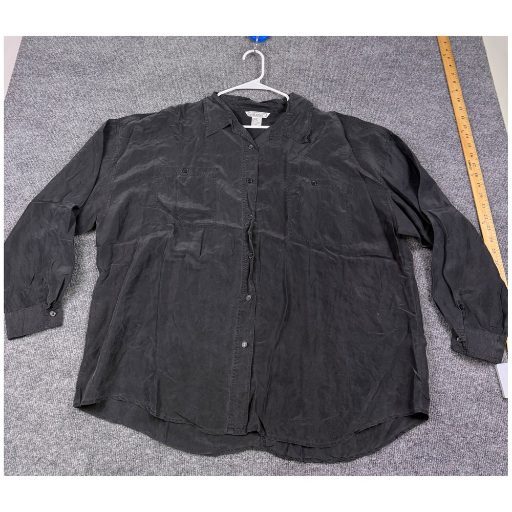 Gallagher Vintage Women 100% Silk Button Shirt Black Long Sleeve Plus Size 3X